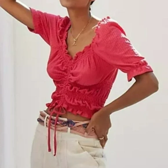 Pilcro Anthropologie Ruffle Puff Sleeve Pink Rose Sz M - Picture 3 of 16